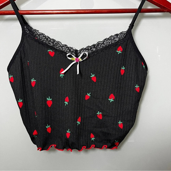Black & Strawberry Bralette Women's Medium Delicate Lace Comfort Romantic Cute - Picture 2 of 6